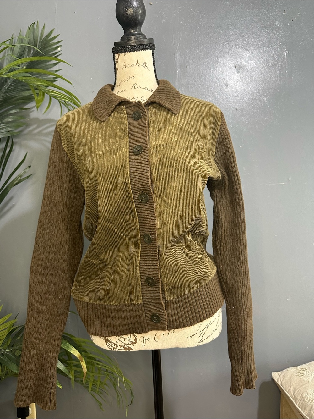 Kim Rogers Olive and Brown Corduroy Button-Front Jacket
